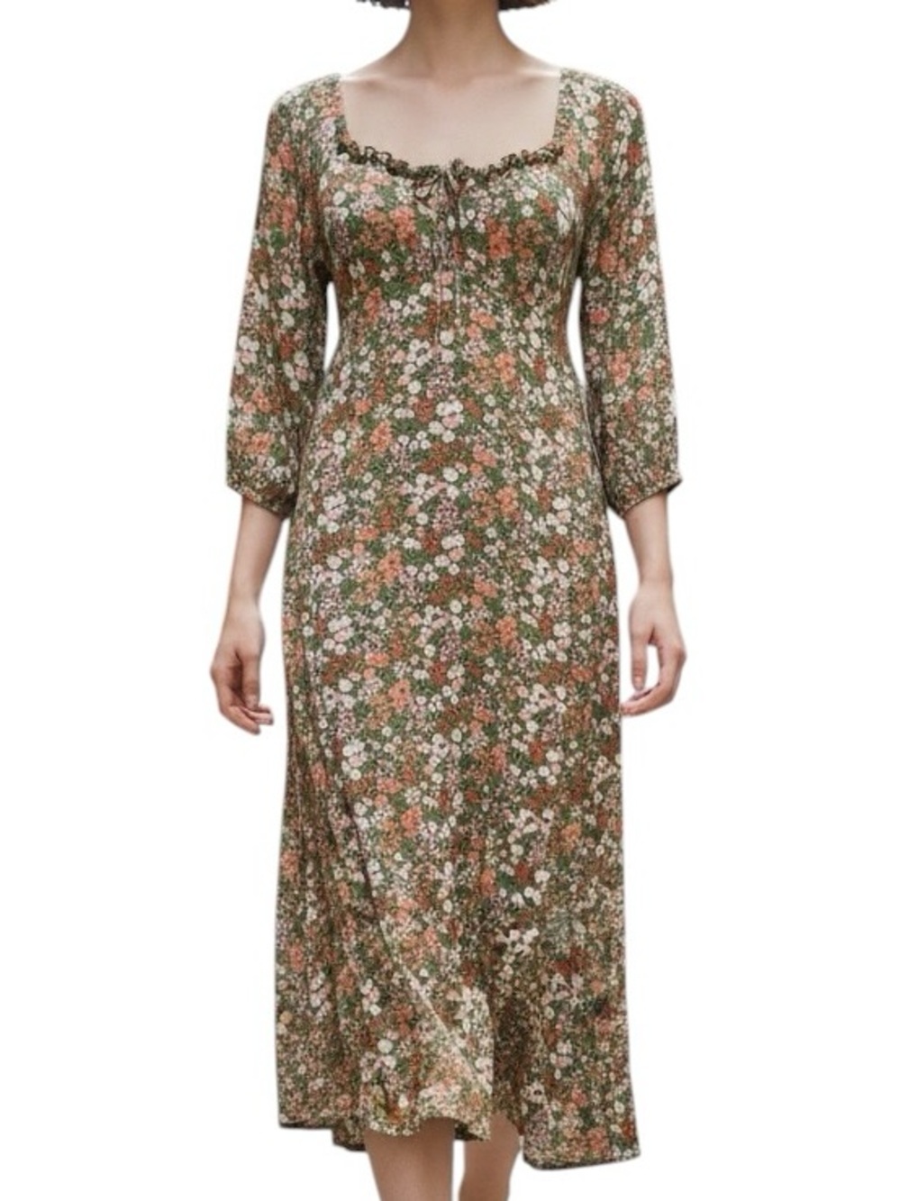 Billabong Olive & Rust Floral Midi Dress Plunge Neck Size XSMALL